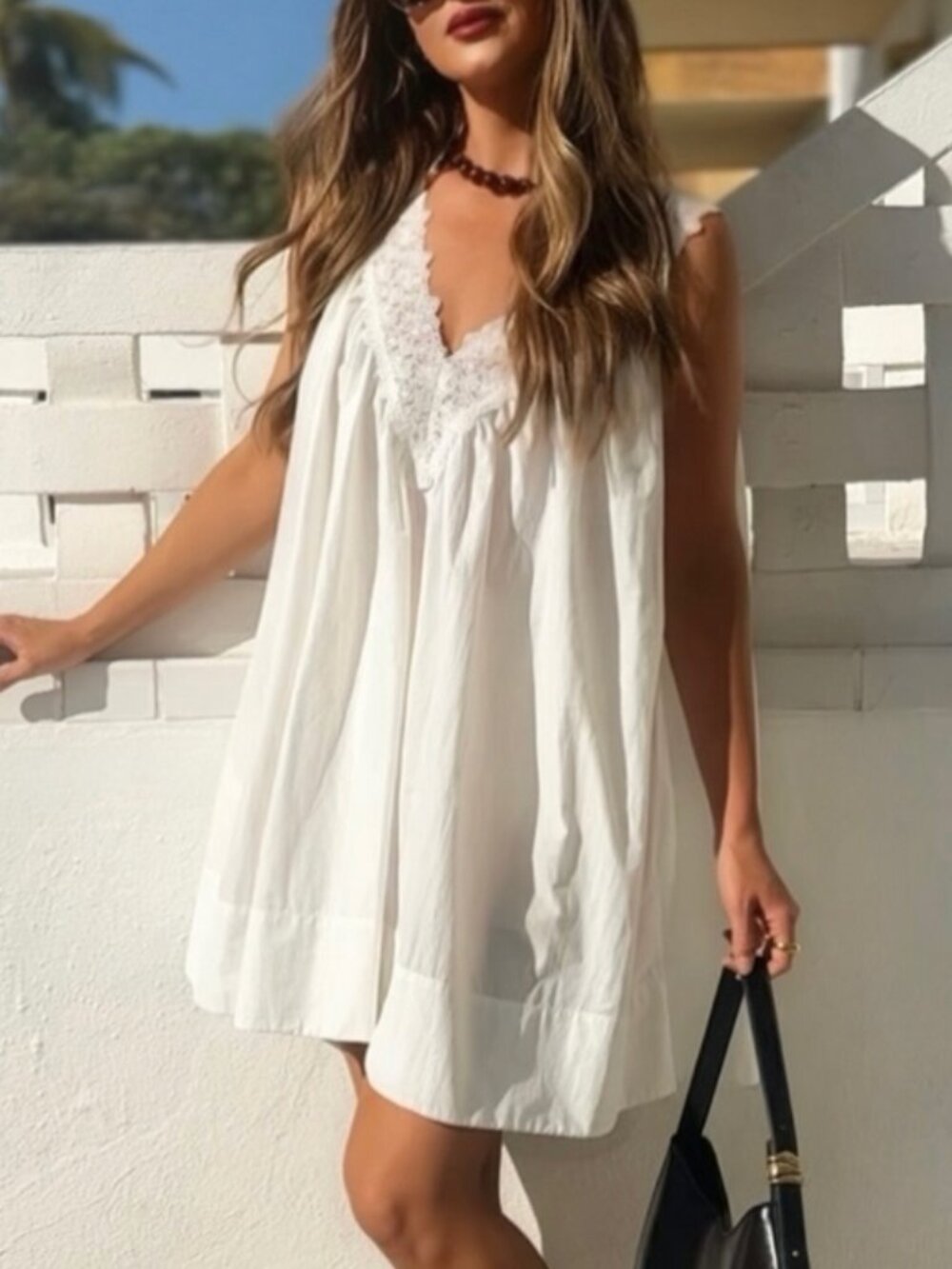 Helsa Mini Dress With Lace in Tech Poplin White Causal XSmall